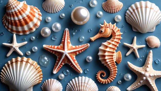 Seashells, starfish, seahorse and pearls on a blue background. Summer vacation and ocean theme. Relaxing beach scene. Decorative and elegant ocean life still life photography - Powered by Adobe
