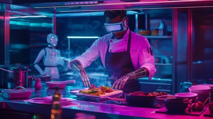 Futuristic chef with augmented reality glasses and robotic arms preparing gourmet meal. Generative ai illustrations