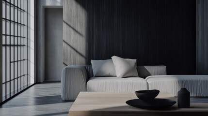 Modern living room with minimalist design featuring a light sofa and wooden coffee table