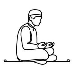 Continuous one line drawing of muslim prayer. Single line drawing illustration of Muslim person sitting and praying. Ramadan kareem concept vector art. Doodle line illustration.