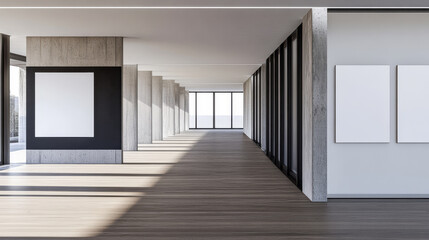 Modern empty gallery space with natural light and minimalist design elements