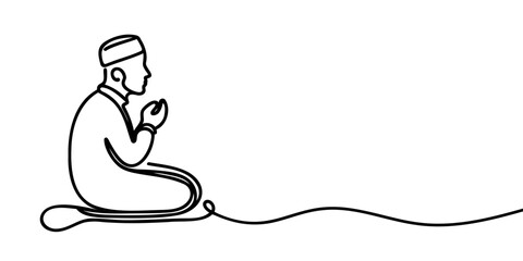 Continuous one line drawing of muslim prayer. Single line drawing illustration of Muslim person sitting and praying. Ramadan kareem concept vector art. Doodle line illustration.