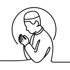 Continuous one line drawing of muslim prayer. Single line drawing illustration of Muslim person sitting and praying. Ramadan kareem concept vector art. Doodle line illustration.