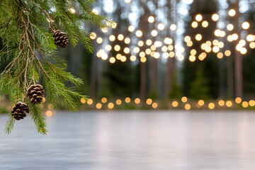 Festive outdoor ice rink at dusk, pine branch with cones in foreground, string lights illuminating trees in background; perfect for winter holiday greeting cards or website banners