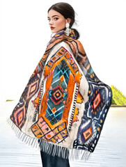 Watercolour illustration of a fashionable modern woman wearing ornamented clothes on a white background