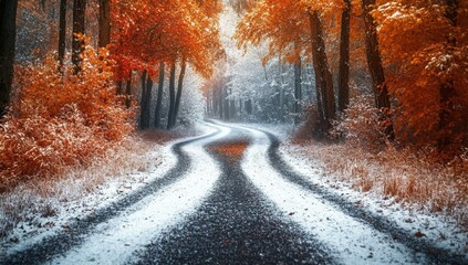 Obraz premium Winding Road Through Snowy Autumn Forest