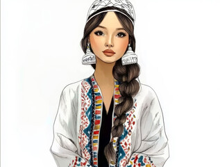 Watercolour illustration of a fashionable modern woman wearing ornamented clothes on a white background