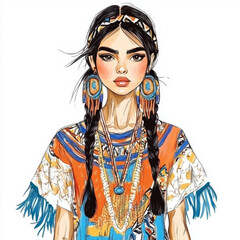 Watercolour illustration of a fashionable modern woman wearing ornamented clothes on a white background