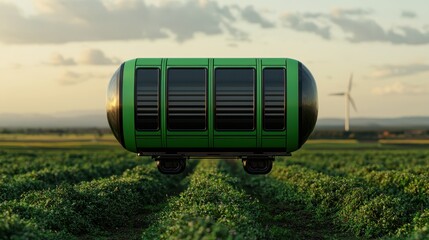 A futuristic green vehicle stands in a field, surrounded by crops and a wind turbine, symbolizing innovation and sustainability.