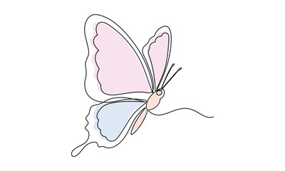 Continuous line drawing of beautiful butterfly. Single one line art. Simple linear style. Doodle vector illustration. Minimalist design. Isolated on a white background