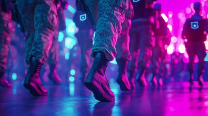 Futuristic soldiers marching in time warp parade. Generative ai illustrations