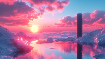 Obraz premium Pink sunset casts vibrant glow on icy landscape reflecting surreal tower. AI Generated