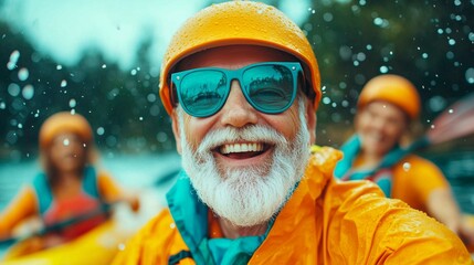 Joyful kayaking adventure with an elderly gentleman enjoying the rain and camaraderie on a vibrant lake