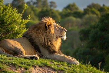 Obraz premium A majestic male lion resting gracefully in a natural habitat. The lion has a thick, golden mane illuminated by warm sunlight