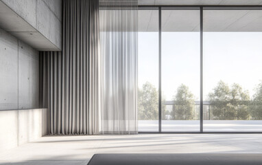 Fototapeta premium Minimalist modern interior design featuring large glass windows and soft curtains in daylight