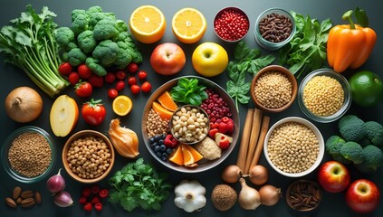 Vibrant assortment of fresh fruits, vegetables, and grains promoting healthy eating and nutrition