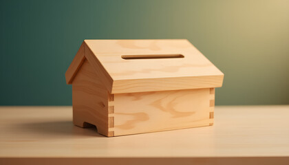 Wooden house-shaped donation box on a wooden table