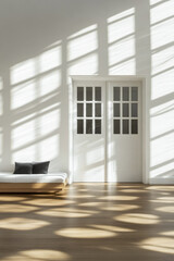Obraz premium Bright minimalist interior showcasing sunlight patterns through windows in a modern space