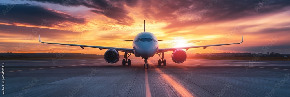 Aufkleber airplane on runway during sunset with dramatic clouds and vibrant colors in the sky generative ai