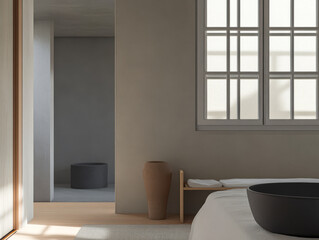 Fototapeta premium Modern minimalist bedroom with natural light and calming decor details