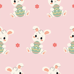 Seamless pattern of Easter bunnies with eggs and flowers, perfect for holiday, spring, and festive design projects.