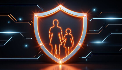 Futuristic glowing family silhouette under metallic shield, life insurance concept