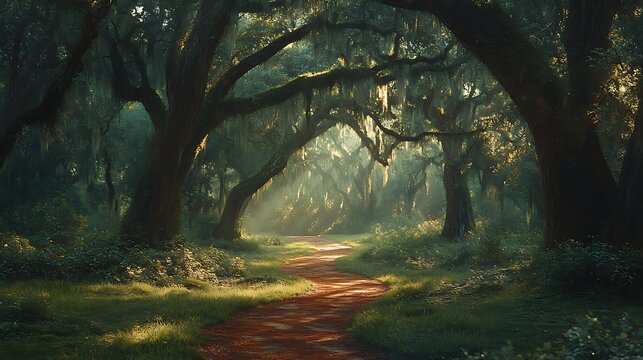 Path winding through sunlit, mossy forest - Powered by Adobe