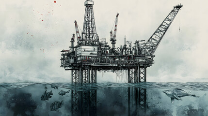 Obraz premium A hand-drawn illustration of an oil rig in the middle of the sea 