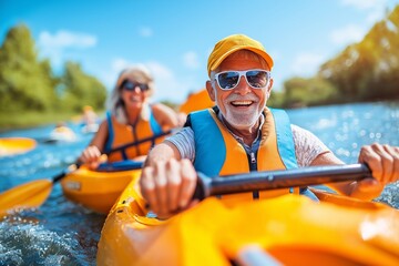 Sunny kayaking adventure in nature with an elderly couple enjoying their time on the water in vibrant orange kayaks