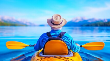 Serenity on the water as a senior kayaker paddles through tranquil blue lakes surrounded by distant mountains