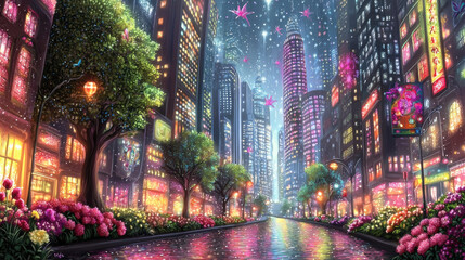 vibrant city street illuminated by colorful lights and flowers, creating magical atmosphere