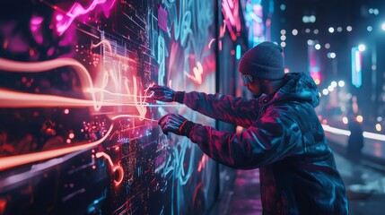 Street artist spray painting futuristic graffiti on interactive wall in cyberpunk city. Generative ai illustrations