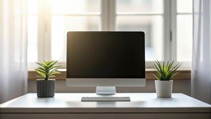 A sleek, modern desk with a single elegant plant centerpiece, surrounded by soft natural light filtering through a window.