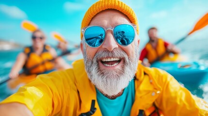 Joyful kayaking adventure with friends on a sunny day near the coast