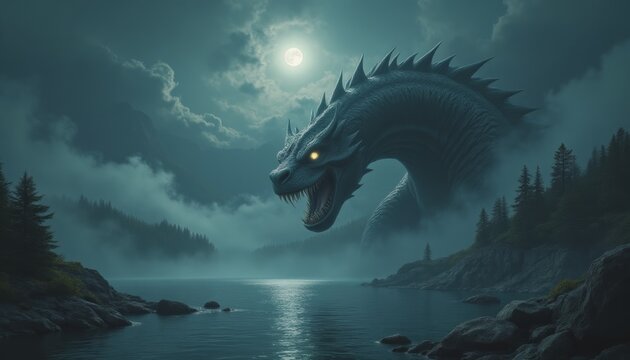 Unsettling portrayal of monstrous leviathan with serpentine coils and baleful, glowing eyes, lurking just beneath the surface of moonlit lake