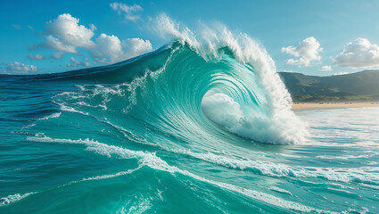 Giant turquoise wave breaking in ocean with white clouds and blue sky