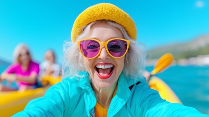 Joyful older lady embraces adventure while kayaking under a clear blue sky with friends on a sunny day