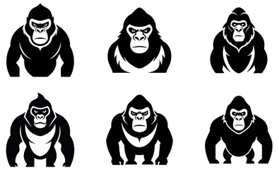 This image showcases six black and white silhouettes of gorillas.