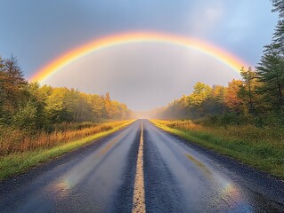 Road rainbow through autumn forest
