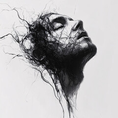 Fototapeta premium Abstract face depicted in a sketch style. Monochromatic portrait with expressive lines and shading. Artistic rendering of a human head with closed eyes.
