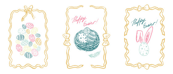 Happy Easter poster. Decorated easter eggs, bird nest in ribbon frame. Pastel colored drawing in brush stroke texture isolated on white. Hand drawn vector sketch illustration in vintage charcoal ink