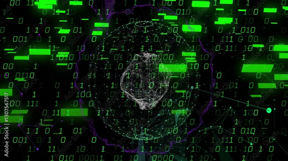 Poster digital binary code and geometric shapes forming complex network animation
