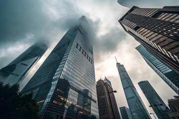 Fototapeta premium A dramatic colorful blur vibrant cityscape showing towering modern skyscrapers shrouded in mist and clouds