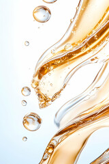 Amber Liquid Swirls, Air Bubbles, White Background; Beauty Product Ad