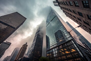 Naklejka premium A dramatic colorful blur vibrant cityscape showing towering modern skyscrapers shrouded in mist and clouds