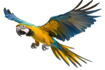 A blue and yellow macaw parrot flying, isolated on a white background