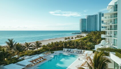 Obraz premium Stunning ocean view from a luxurious beachfront hotel, showcasing a resort pool, pristine white sand beach, and modern high-rise buildings.