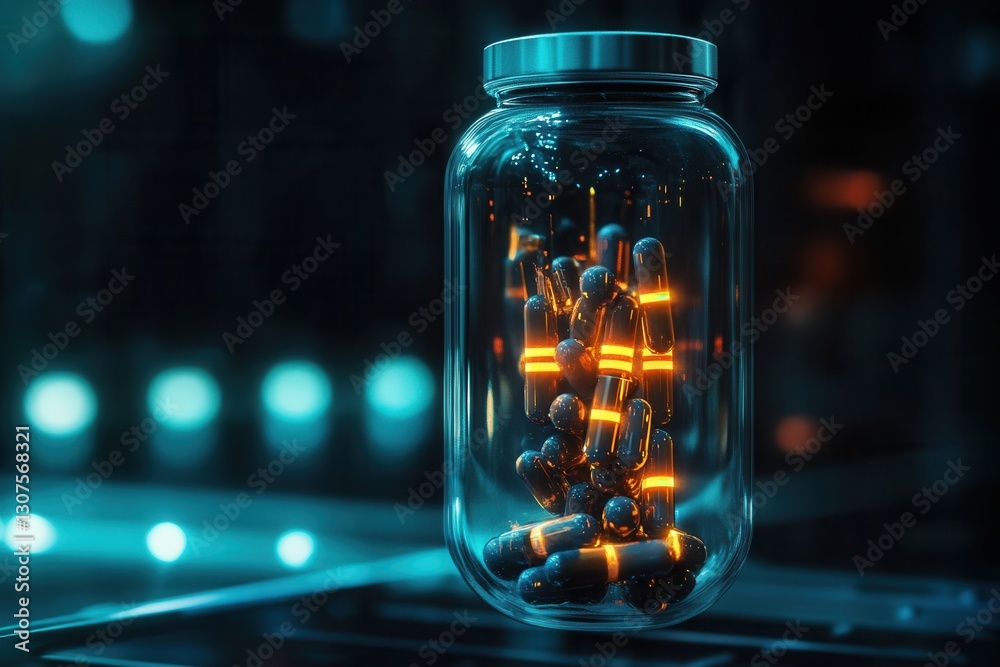 Aufkleber Futuristic transparent pill bottle with glowing capsules creating a cyberpunk aesthetic in a high tech environment Generative AI