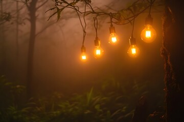 Naklejka premium Glowing Light Bulbs Hanging in Misty Forest Illumination at Night