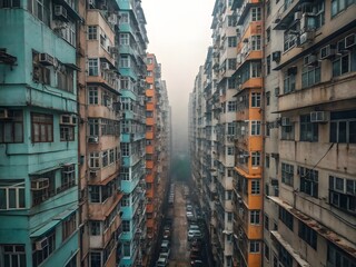 Fototapeta premium An atmospheric urban scene of densely packed high-rise apartment buildings, viewed from a narrow alley between them